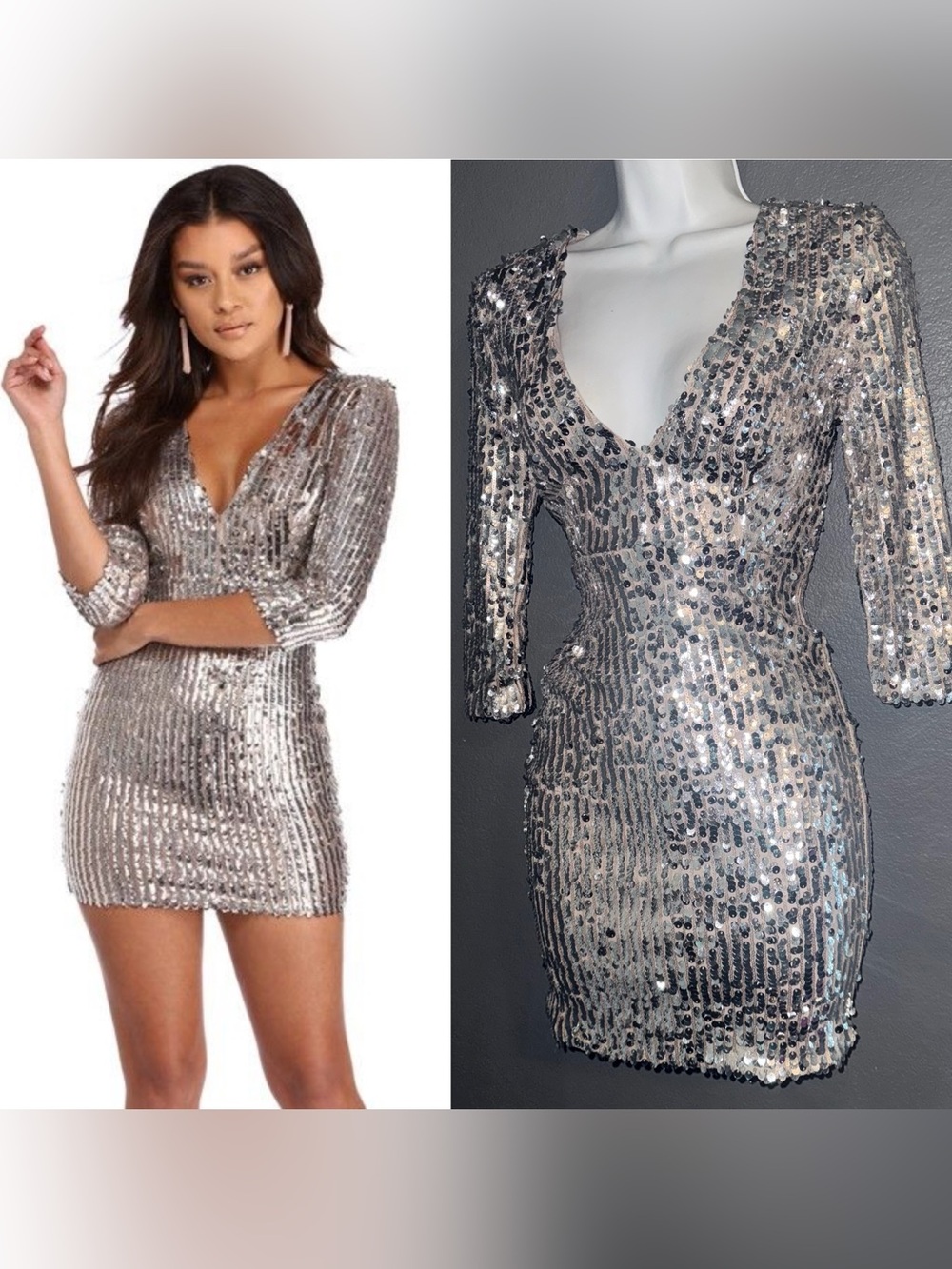 Windsor Women’s Silver Sequin Mini V-Neck Party Formal Dress size Small
